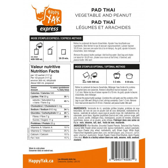 Back of package instructions and nutrtion facts of Happy Yak Pad Thai..