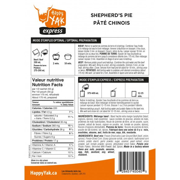 Back of package instructions and nutrtion facts of Happy Yak Shepherds Pie..