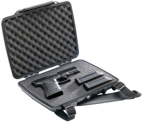 A glock pistol with 2 magazines in the Pelican p1075 Hardback Pistol Case.