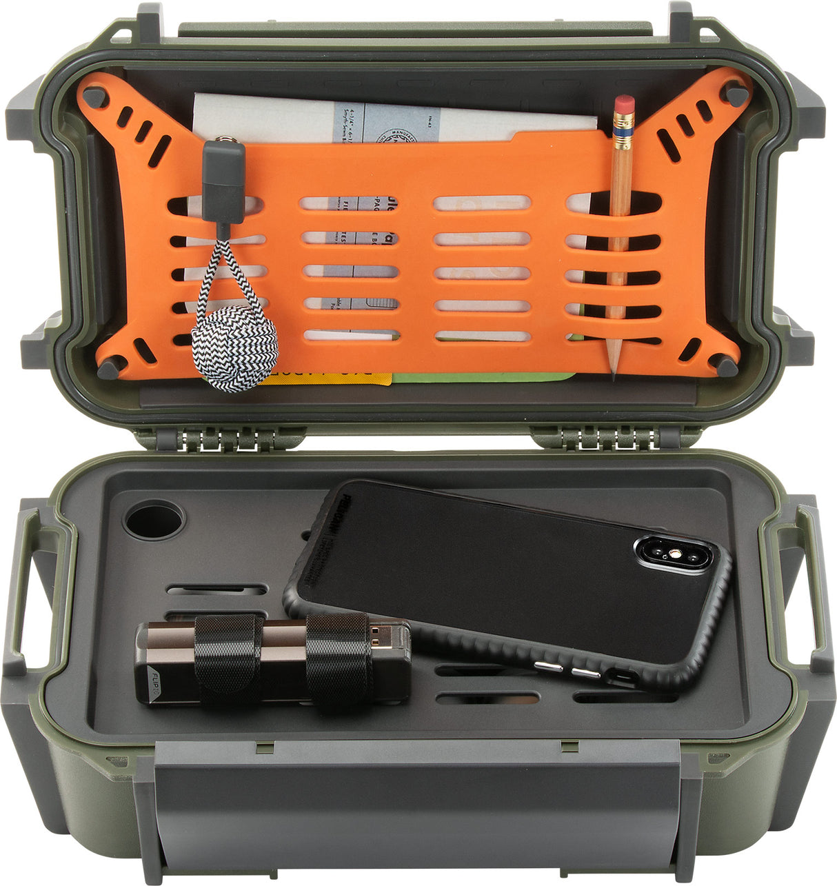 Pelican r60 Personal Utility Ruck Case with smartphone, powerbank, and in the top orange rubber storage area is a pencil and notepad.