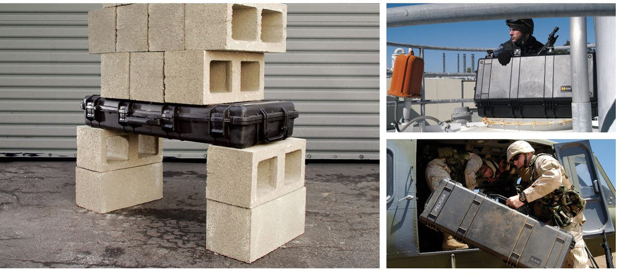 A stack of cinderblocks placed on top of the Pelican 1700 Rifle/Shotgun Case. To the right are army and swat men in full tactical gear carrying and opening the rifle case.