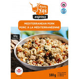 Mediterranean Pork with quinoa from Happy Yak Express Freeze Dried Foods. A label communicating there is pork and the dish is lactosse free.