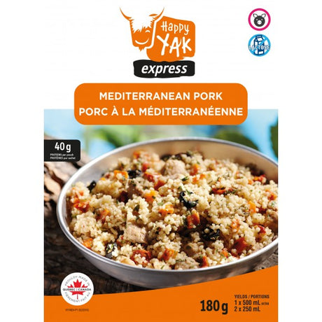 Mediterranean Pork with quinoa from Happy Yak Express Freeze Dried Foods. A label communicating there is pork and the dish is lactosse free.