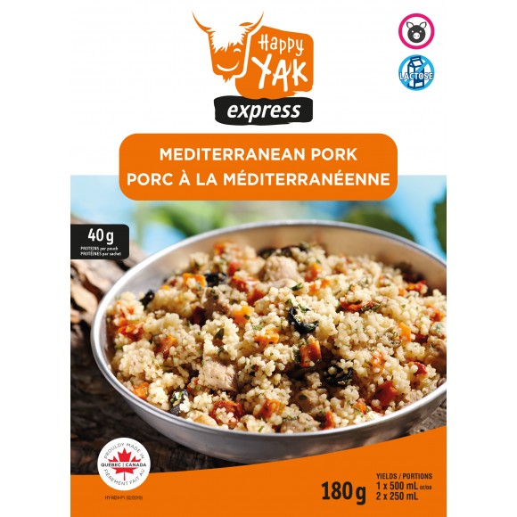 Mediterranean Pork with quinoa from Happy Yak Express Freeze Dried Foods. A label communicating there is pork and the dish is lactosse free.