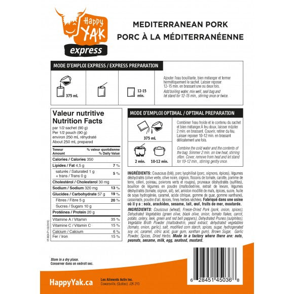Back of package instructions and nutrtion facts of Happy Yak Mediterranean Pork.