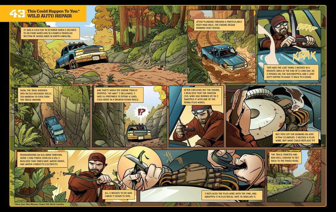 A comic strip of a man wearing a burgundy hat and hoody with sunglasses using his environment to help repair a burned out turck engine. '43 - This could happen to you, Wild Auto Repair'.