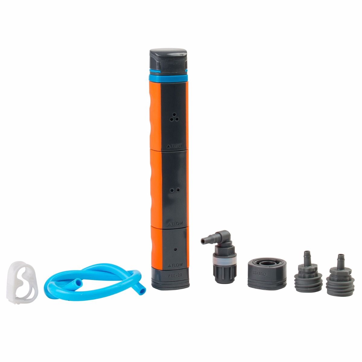 Muv 1, 2 and 3 Survivalist Water filter. The filters are combined to make one large filtration system, the attachable hose in blue is beside with the different end attachemnts for water bottles and hydration packs.