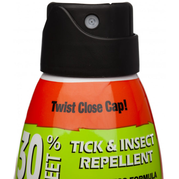 Close up view of the black cap for bug spray canister. Description reads 'Twist Close Cap'