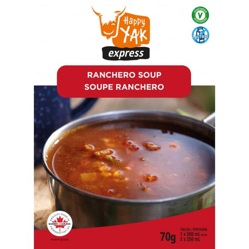Ranchero Soup from Happy Yak Express with labels 'vegetarian' and 'lactose free' in the corner.