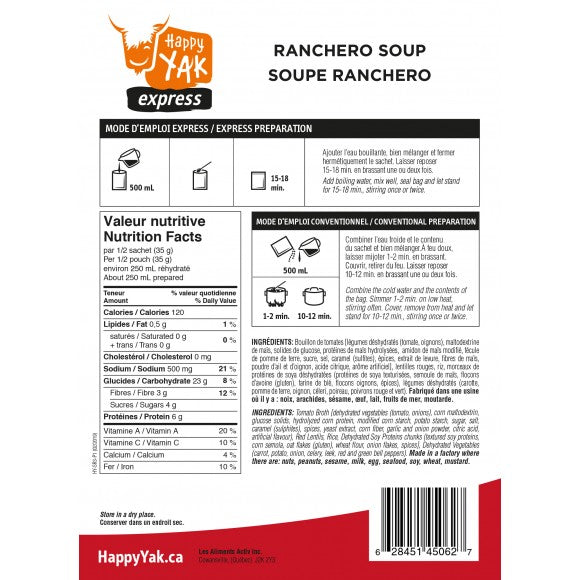 Back of package instructions and nutrtion facts of Happy Yak Ranchero Soup..