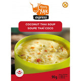 Happy Yak Express Coconut Thai Soup 'Soupe Thai Coco' is shown in a lime green camping bowl and a 'gluten free' label in the top right corner of the image.