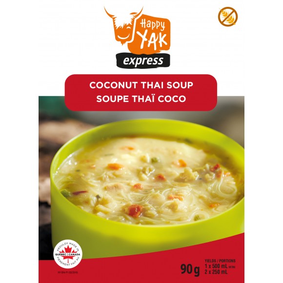 Happy Yak Express Coconut Thai Soup 'Soupe Thai Coco' is shown in a lime green camping bowl and a 'gluten free' label in the top right corner of the image.