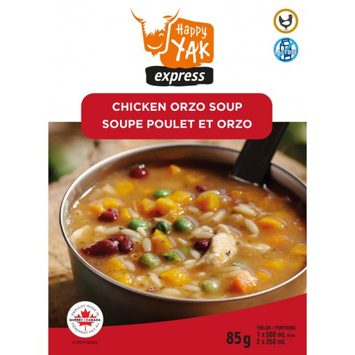 Chicken Orzo Soup from Happy Yak Express. The labels Lactose free and good source of protein are presented on the package.