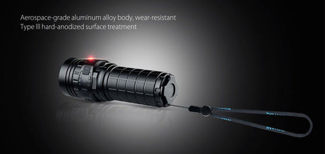 Dn 70 flashlight connected to it's lanyard showcasing the aerospace grade aluminum alloy body.