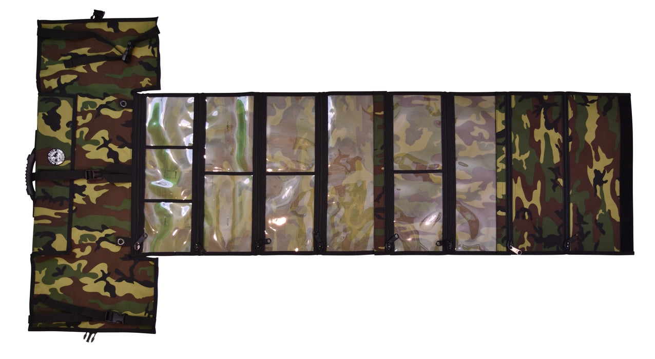 Forest Camo Bug Out Roll opened to reaveal it's mods and compartments. There are 8 colums total, each with different specifications like clear plastic storage for gear visibility and vinyl zipperd compartments in the forest camo design.