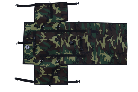 Backside of the Forest Camo Bug Out roll exposing the mounting rings, plastic clips and the rubberized handle.