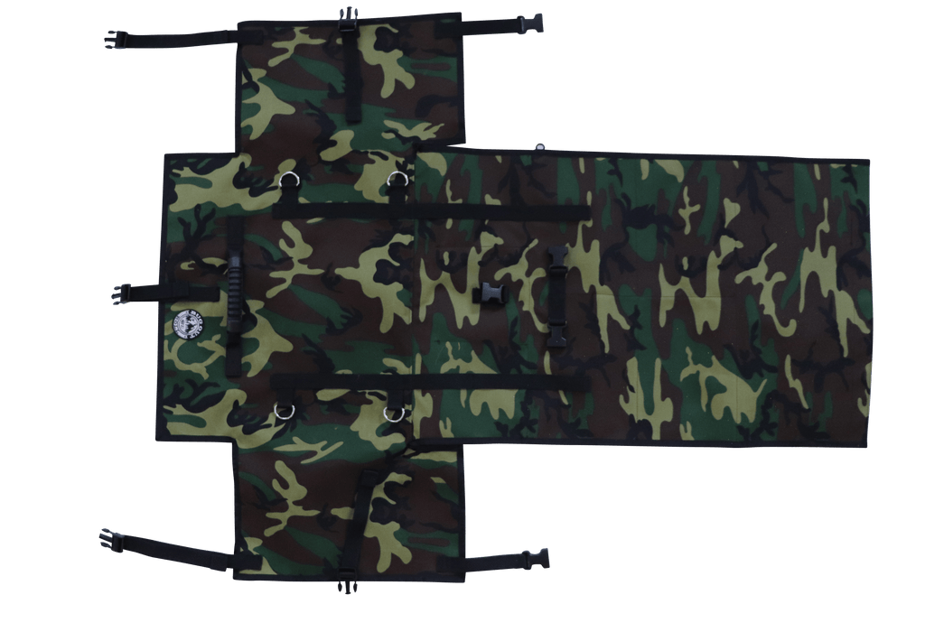 Backside of the Forest Camo Bug Out roll exposing the mounting rings, plastic clips and the rubberized handle.